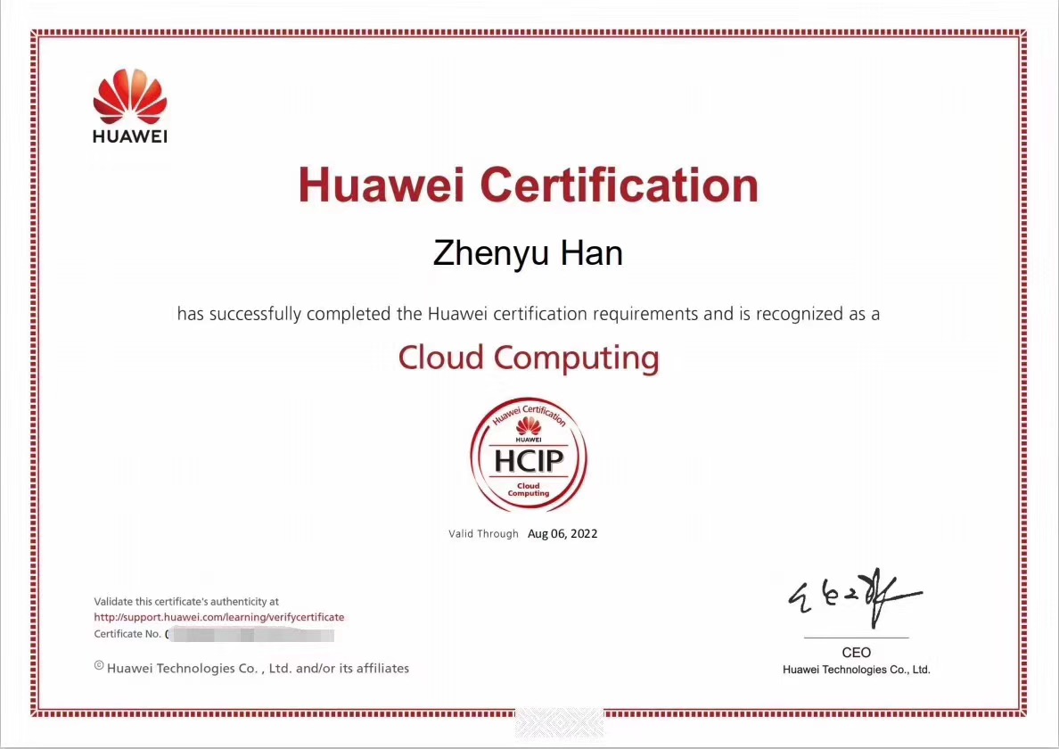 恭喜韩同学成功获得华为HCIP-Cloud Computing认证